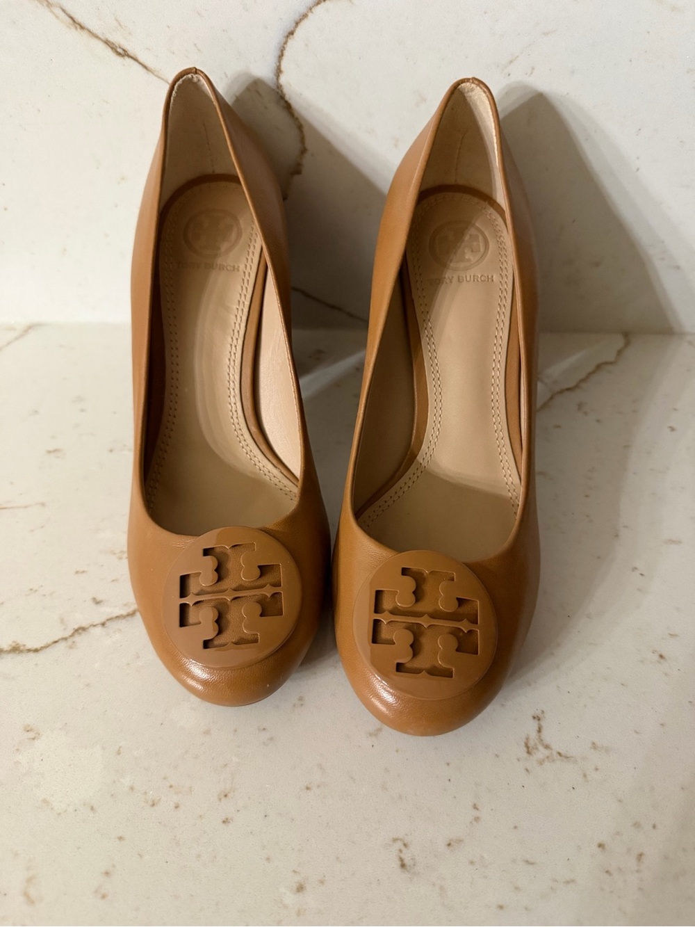 Tory Burch Cognac Leather Logo Heels